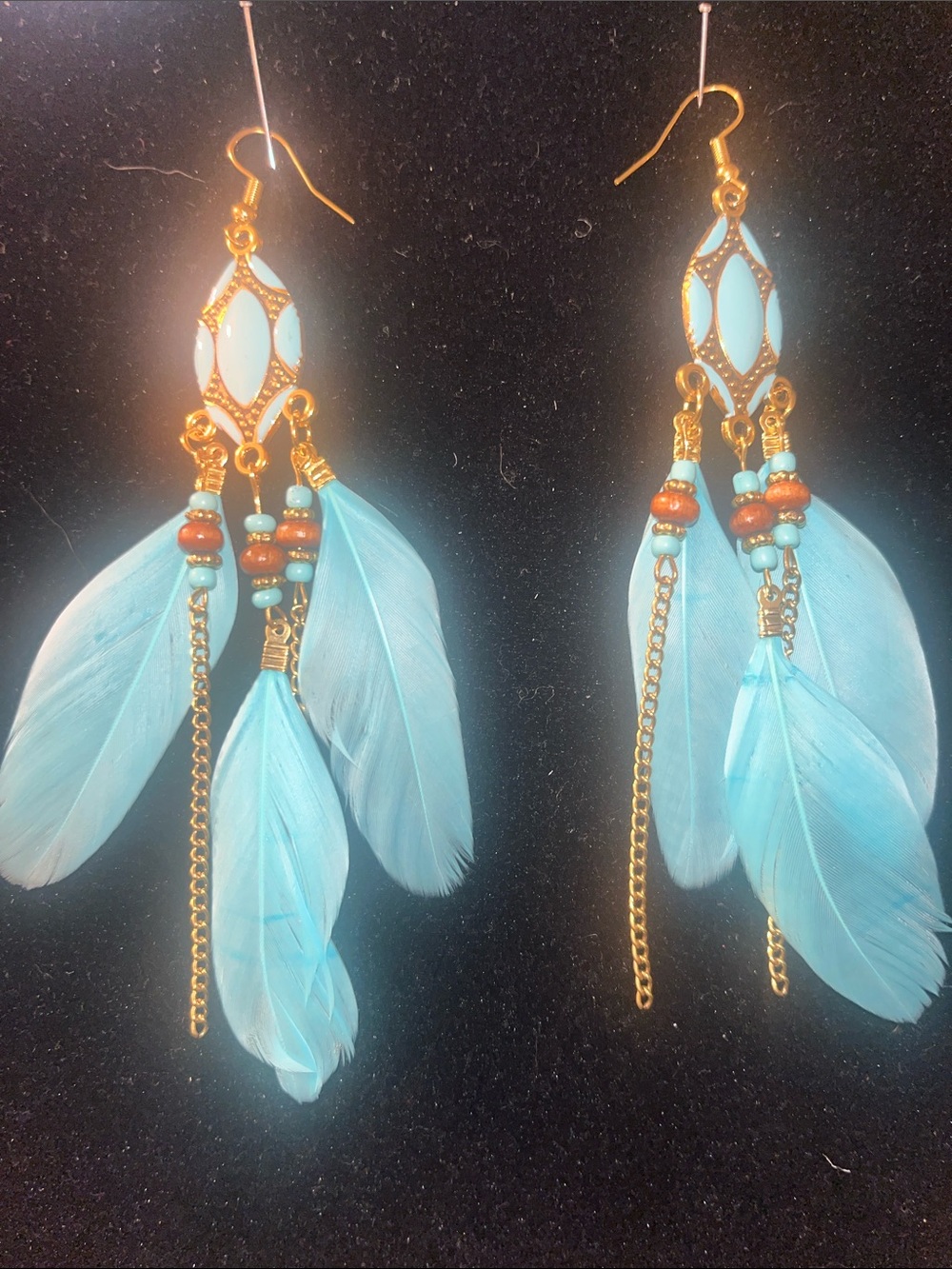 Boho Feather Drop Earrings - Turquoise Blue Gold Accent